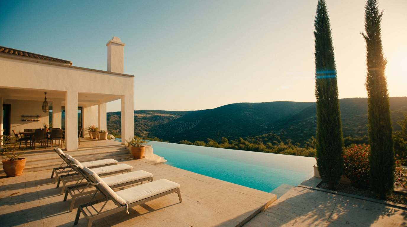 Still from the cinematic villa film, golden light and premium colour grading